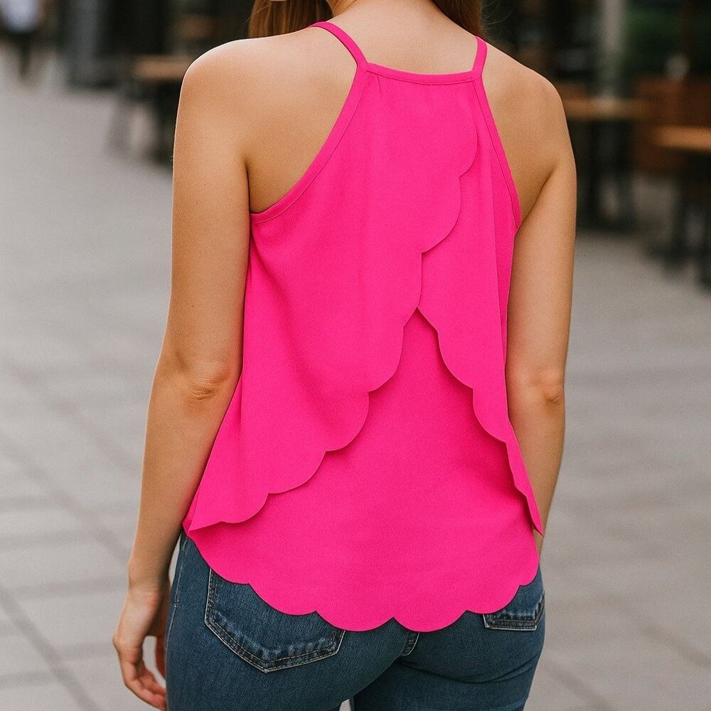 New Emmelee XS Shirt Sleeveless Tank Top Neon Pink Flyaway Scalloped Tulip Hem